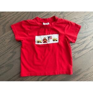 Boys Southern Sass smocked shirt USA flag bus